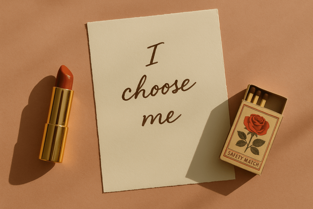 Cozy still life of a coffee cup on a rustic wooden table, an open journal with handwritten thoughts about love and self-worth, morning sunlight filtering through.
