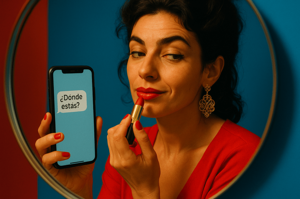 Mujer aplicándose lipstick rojo frente a un espejo redondo, mientras sostiene un celular con el mensaje '¿Dónde estás?'. Fondo azul vibrante con estética pop y cinematográfica, representa el cierre emocional con humor y fortaleza.