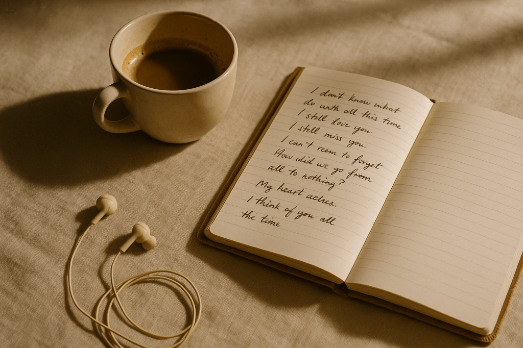 Taza de café al lado de una libreta abierta con texto manuscrito y auriculares sobre una mesa clara. La libreta contiene reflexiones sobre el amor y la nostalgia.