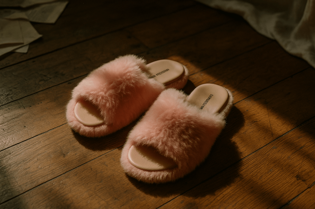 Chanclas de peluche rosa sobre un suelo de madera.