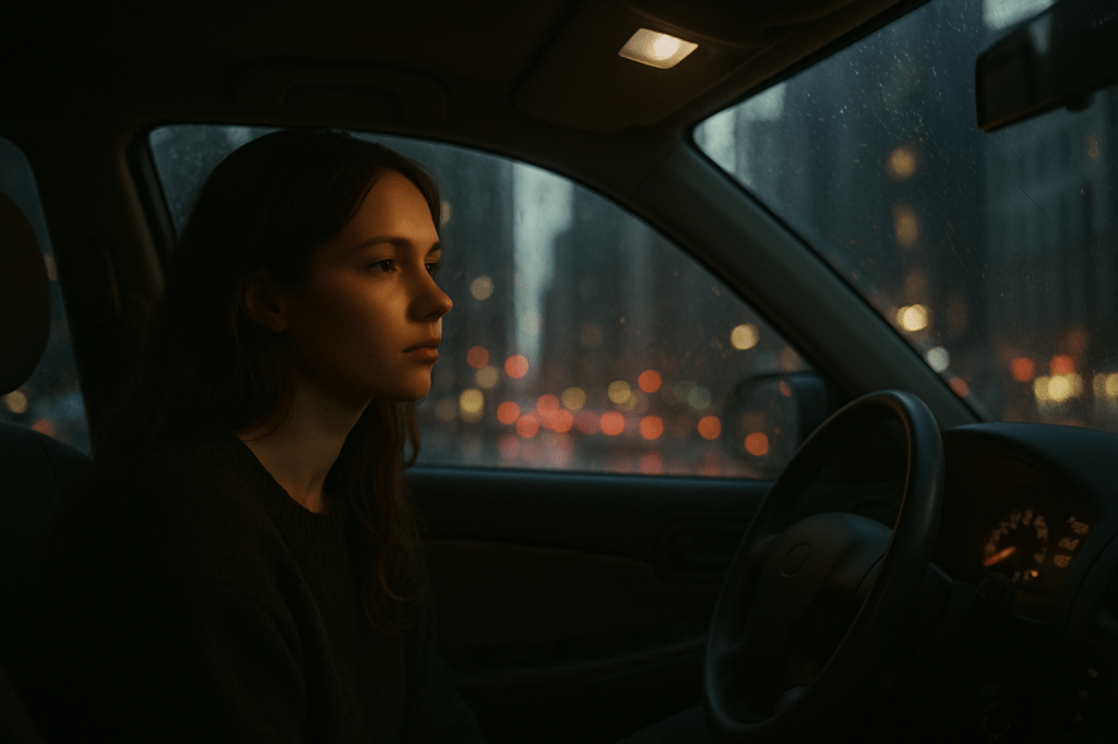 Joven sentada en el asiento del conductor de un auto, mirando hacia afuera mientras cae la lluvia. Luces de la ciudad brillando en el fondo durante la noche.