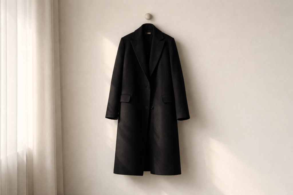 Abrigo negro colgado en la pared con fondo claro.