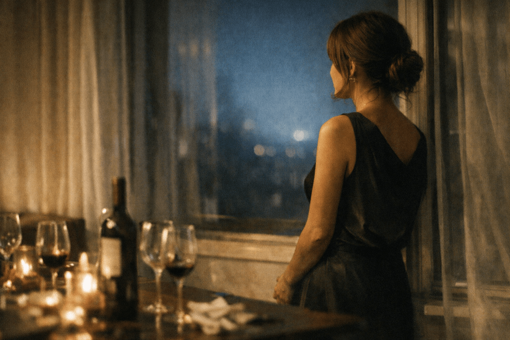 Mujer de pie junto a una ventana durante la noche, dentro de una casa en silencio después de una cena, con copas de vino sobre la mesa y una atmósfera introspectiva que representa la soledad emocional dentro de una relación.