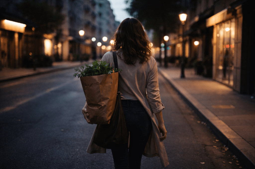 Mujer caminando sola al atardecer por una calle tranquila de la ciudad, cargando una bolsa, con una postura fuerte pero cansada, simbolizando la autosuficiencia emocional y la sensación de sentirse sola estando en pareja.
