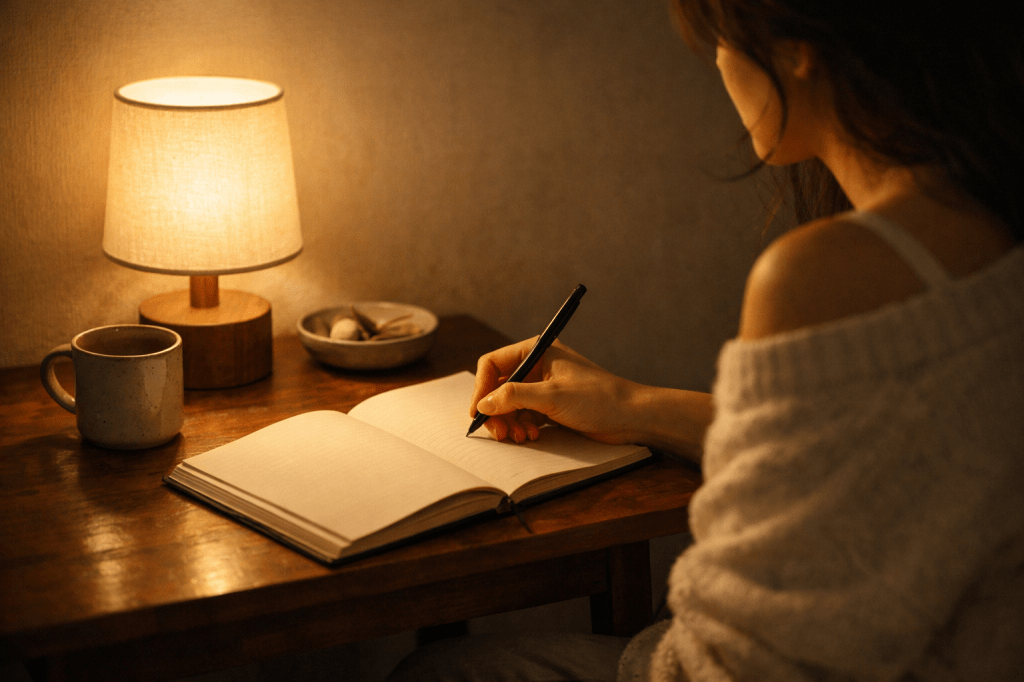 Mujer escribiendo en un cuaderno bajo una luz cálida durante la noche, en un espacio íntimo y silencioso, representando la introspección, la claridad emocional y el proceso de escucharse a una misma sin juicio.