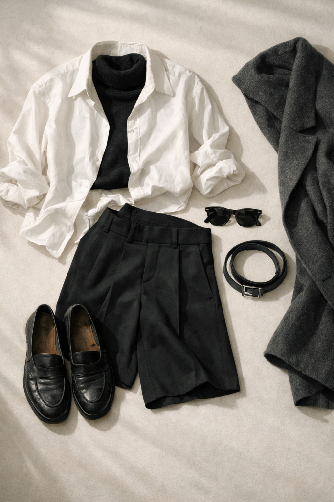 Flatlay editorial de street style inspirado en Natalia Dyer con camisa blanca oversized, turtleneck negro, bermudas negras, loafers de piel y abrigo neutro, estética neoyorquina sobria y silenciosa.