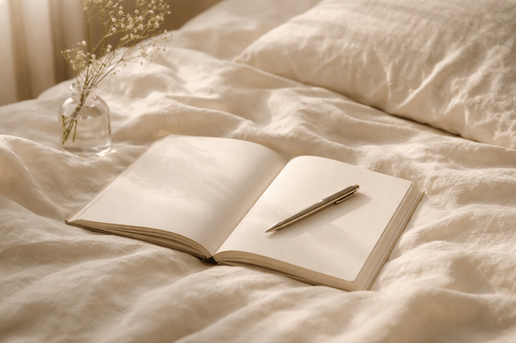 Cuaderno abierto con páginas en blanco sobre una cama de lino claro, acompañado de una pluma y luz natural cálida. La escena transmite calma, espacio personal y un momento de reflexión silenciosa.