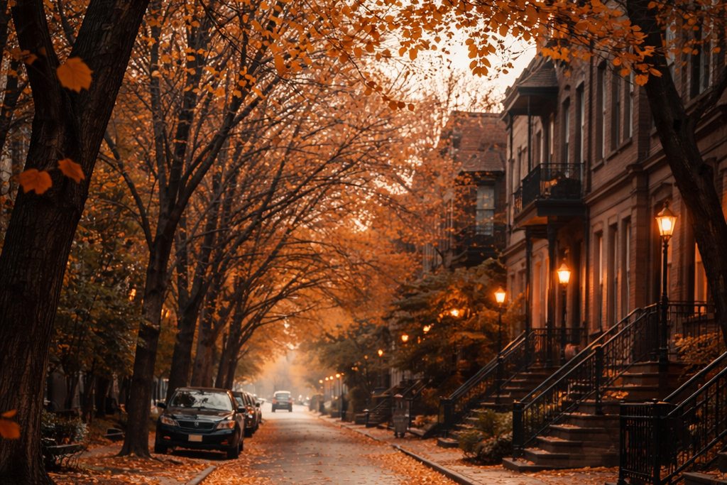 **Una calle con hojas cayendo / aire frío**
- vibe otoño
- nostalgia estética
**Keywords:***fall leaves street aesthetic / autumn quiet street / cinematic autumn vibe*