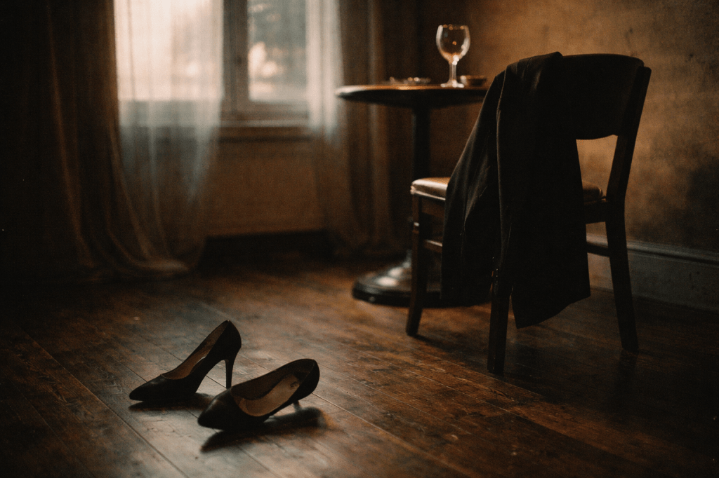 A melancholic, cinematic photograph. The mood is quiet, introspective, and evokes a sense of departure. 35mm film grain, moody atmosphere. **Tacones tirados en el piso + saco en una silla** Se siente soledad
**Keywords:***heels on floor aesthetic / jacket on chair editorial / after party quiet mood*
