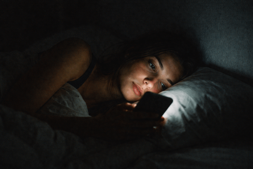 Una mujer en la cama con luz de celular
solo se ve el brillo en la cara
vibe: “no puedo dejar de pensar”
Keywords:woman phone light bed night aesthetic / insomnia phone glow / late night texting mood