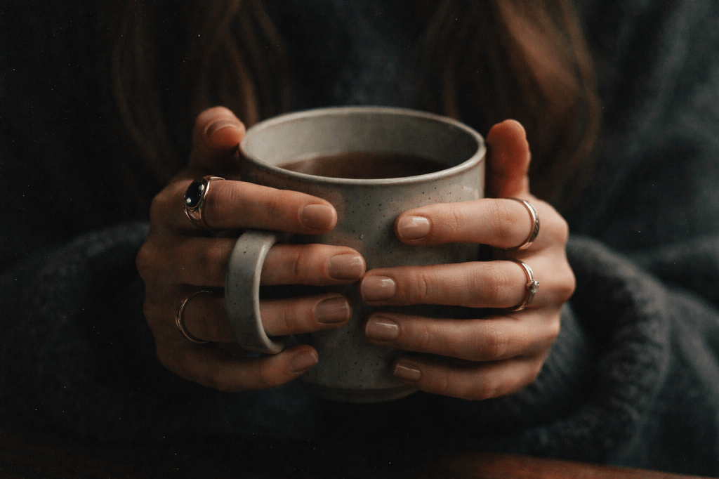 Close-up de manos con anillos sosteniendo una taza
uñas cuidadas
taza de té o café
tensión bonita
Keywords:hands holding mug aesthetic / anxious hands coffee / rings hands editorial