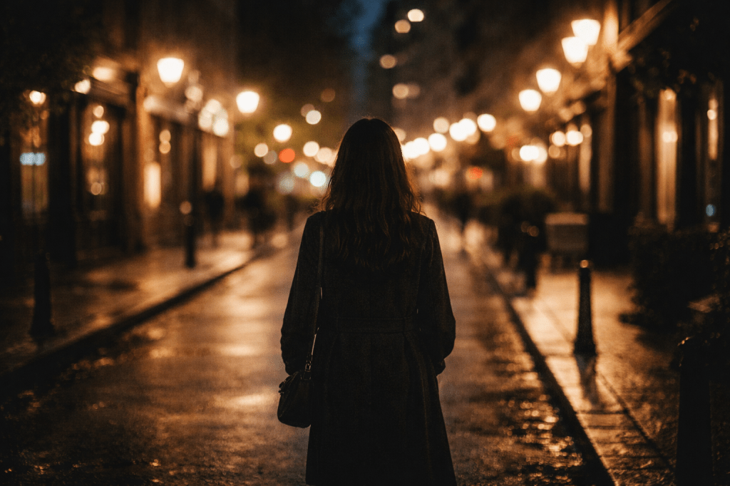 Una mujer caminando sola de noche en ciudad
luces tipo bokeh
calle bonita
Keywords:woman walking city night bokeh / night street aesthetic / cinematic night walk