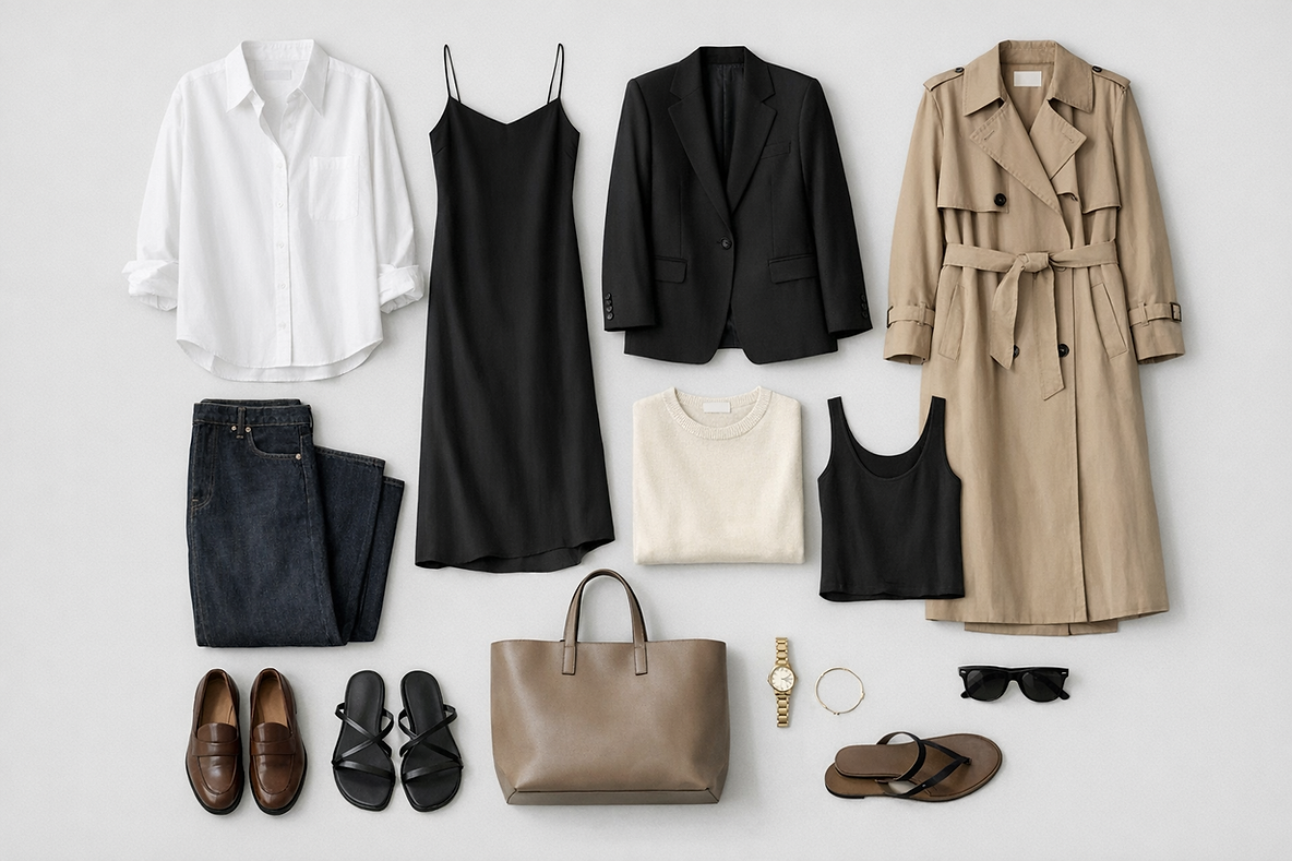 Flat lay editorial de clóset cápsula minimalista inspirado en el estilo de Carolyn Bessette Kennedy, con prendas atemporales en tonos neutros como camisa blanca, blazer negro, trench beige, vestido lencero, jeans rectos, loafers y accesorios discretos de lujo silencioso.