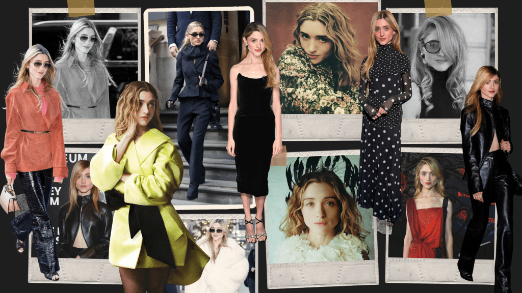 Collage editorial de Natalia Dyer que combina street style neoyorquino, siluetas sobrias, belleza natural y una estética intelectual que refleja su estilo personal basado en la edición, la repetición y el criterio.