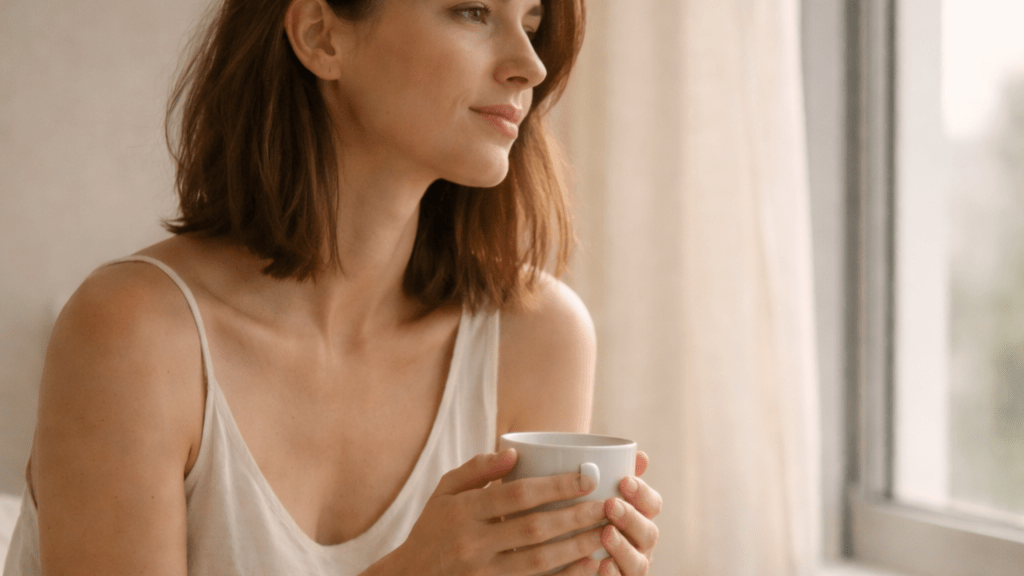 Mujer sentada junto a una ventana sosteniendo una taza, mirando hacia el exterior con expresión reflexiva. Representa proceso de claridad emocional, autoconocimiento femenino y búsqueda de paz en una relación estable.
