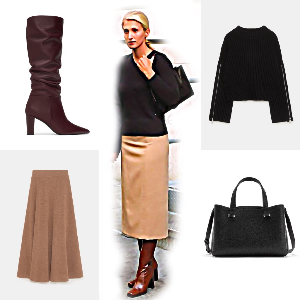 A fashionable outfit featuring knee-high burgundy boots, a model wearing a black top and beige skirt, a ribbed black sweater, a beige flared skirt, and a black handbag.