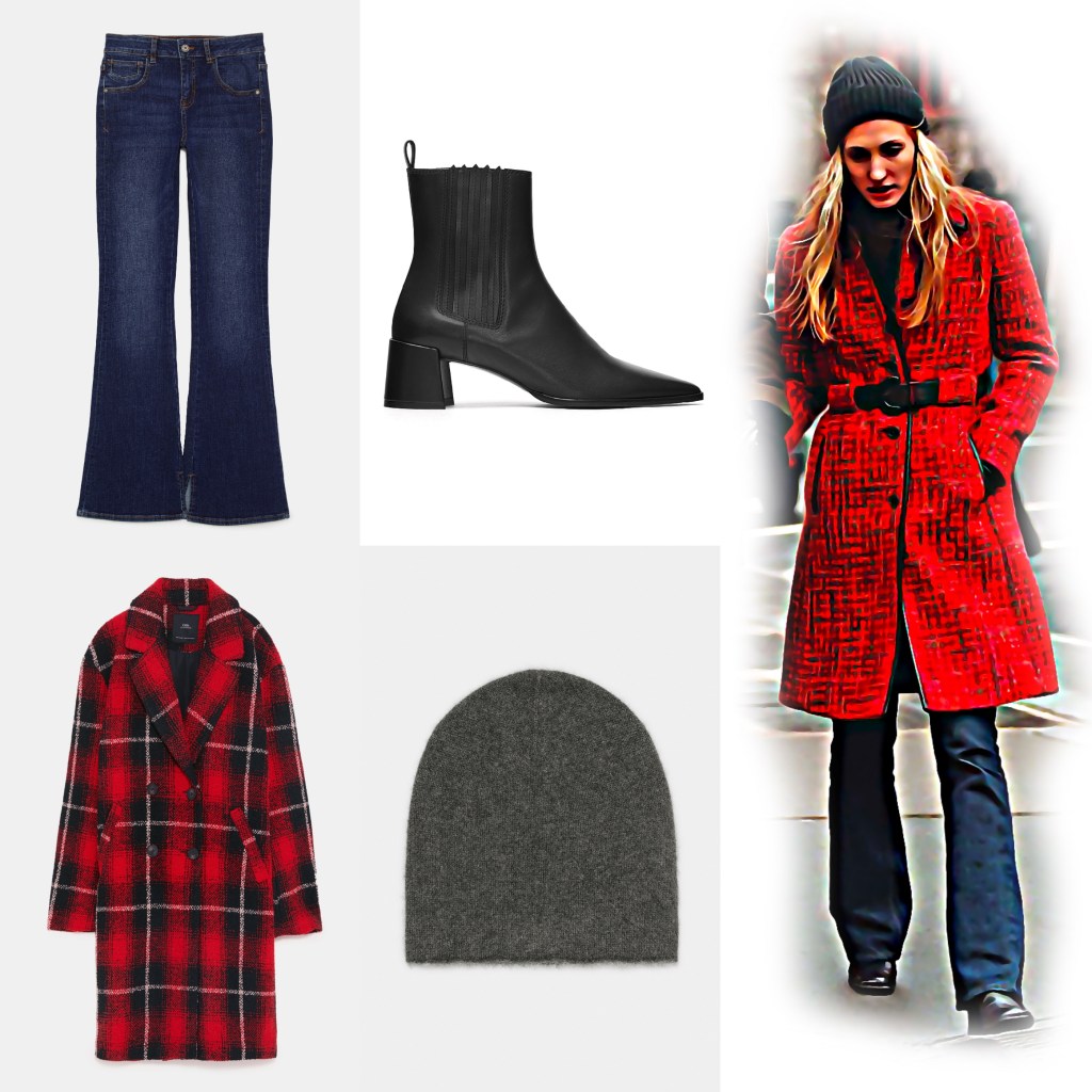 A pair of flared dark blue jeans, a sleek black ankle boot, a classic red and black plaid coat, a soft gray beanie, and a woman wearing a stylish red coat with a belt and beanie.