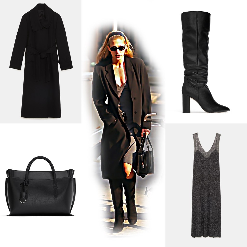 A stylish woman walking in a black coat and sunglasses, accompanied by a black handbag, knee-high black boots, and a sleeveless gray dress. Surrounding her are images of the clothing items, including a long black coat, black boots, and a gray dress.