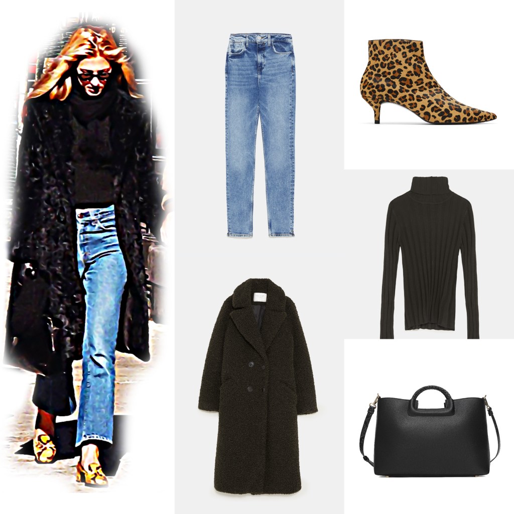 A stylish woman walking in a city, wearing a long black coat and blue jeans, paired with patterned block-heeled boots, surrounded by images of fashion items including jeans, a brown turtleneck sweater, an oversized black coat, and a black handbag.