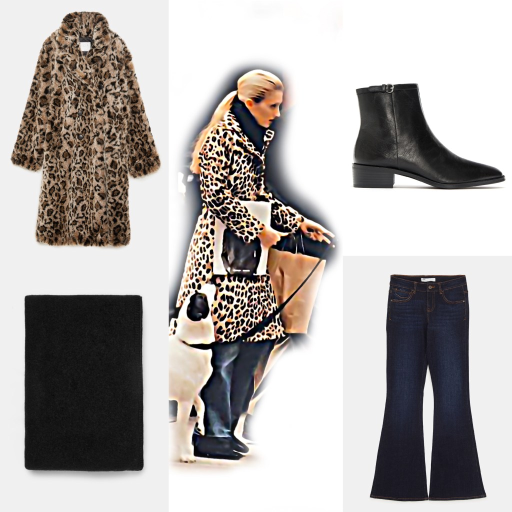 A stylish leopard print faux fur coat, black ankle boots, a pair of flared jeans, a black scarf, and a woman walking a dog, all featured in a visually appealing layout.