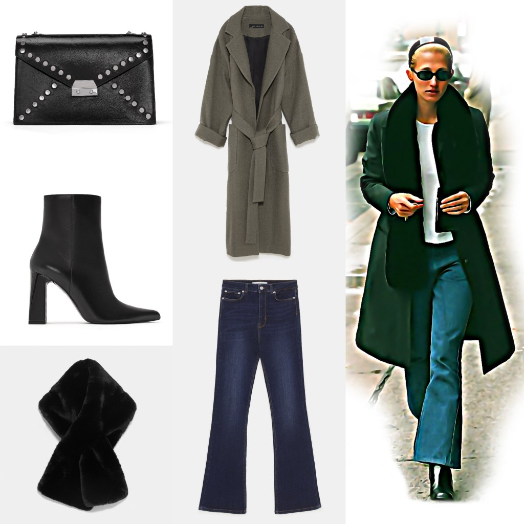 A collection of fashion items including a black studded handbag, a long olive green coat, black heeled ankle boots, dark blue flared jeans, and a black fur scarf. An individual wearing sunglasses and a black coat is walking on a city street.