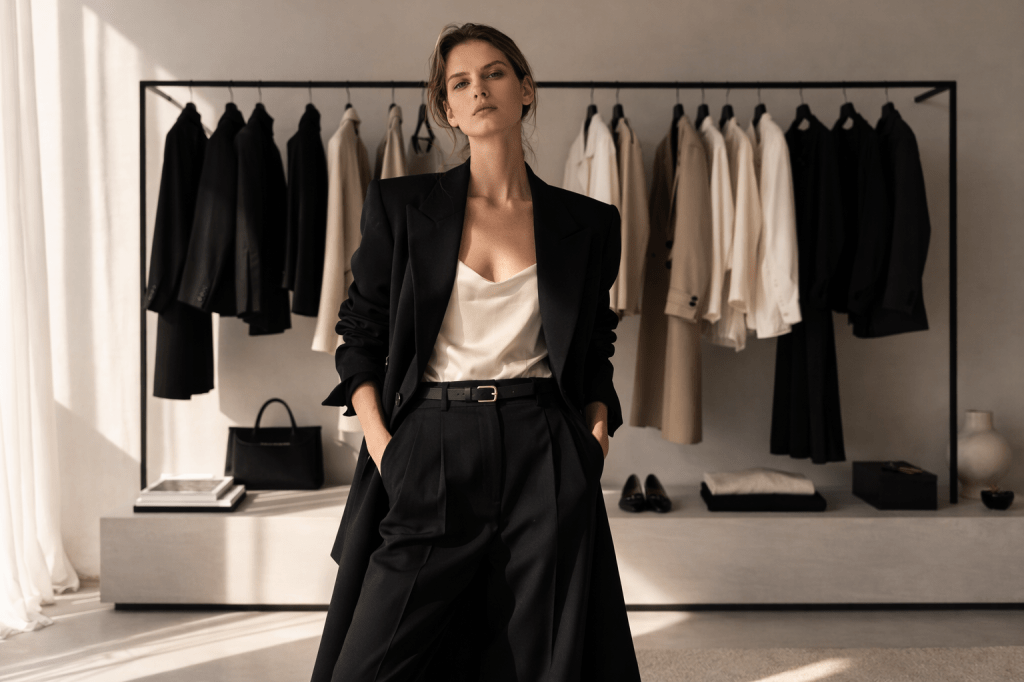 Escena editorial en interior minimalista con clóset cápsula en tonos negro, beige y blanco. Mujer con blazer estructurado y pantalón sastre, iluminación natural suave y estética escandinava. Mood de quiet luxury y sofisticación contemporánea.