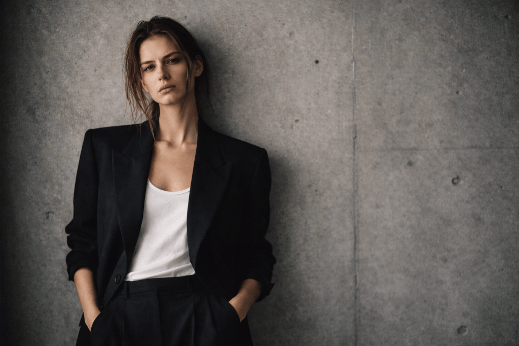 Retrato editorial estilo NYLON magazine con blazer negro oversized y tank top blanco, fondo de muro de concreto, luz natural lateral y textura tipo 35mm. Estética 90s downtown Nueva York, minimalismo con actitud indie.