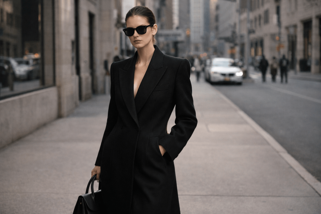 Imagen editorial estilo street style 90s en ciudad tipo Nueva York, mujer caminando con abrigo negro largo, lentes oscuros y bolso estructurado de piel. Luz urbana natural, composición cinematográfica y estética de lujo minimalista.