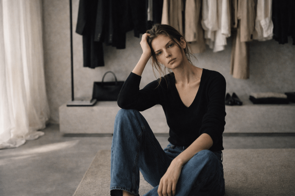 Escena editorial interior estilo NYLON con mujer sentada en el piso usando jeans rectos y top negro ajustado. Rack con prendas neutras, luz natural suave desde ventana amplia y estética escandinava con vibra downtown 90s.