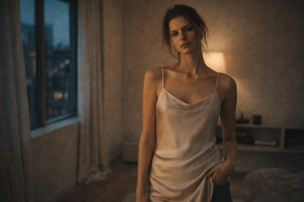 Fotografía editorial cinematográfica con vestido lencero satinado marfil en interior minimalista al atardecer. Mezcla de luz cálida y luz natural de ventana, textura sutil y atmósfera de película independiente de los 90s. Mood elegante y melancólico.