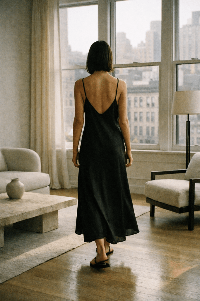 Una mujer de espaldas viste un vestido negro sin mangas, de pie en una habitación iluminada por la luz natural, mirando hacia las ventanas con vista a la ciudad.