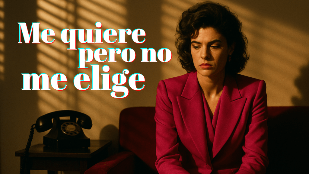 Mujer sentada sola en un sofá rojo, con traje fucsia y expresión melancólica, mientras un teléfono antiguo descansa descolgado en la mesa. Escena cinematográfica inspirada en Pedro Almodóvar, que transmite soledad emocional y poder femenino.