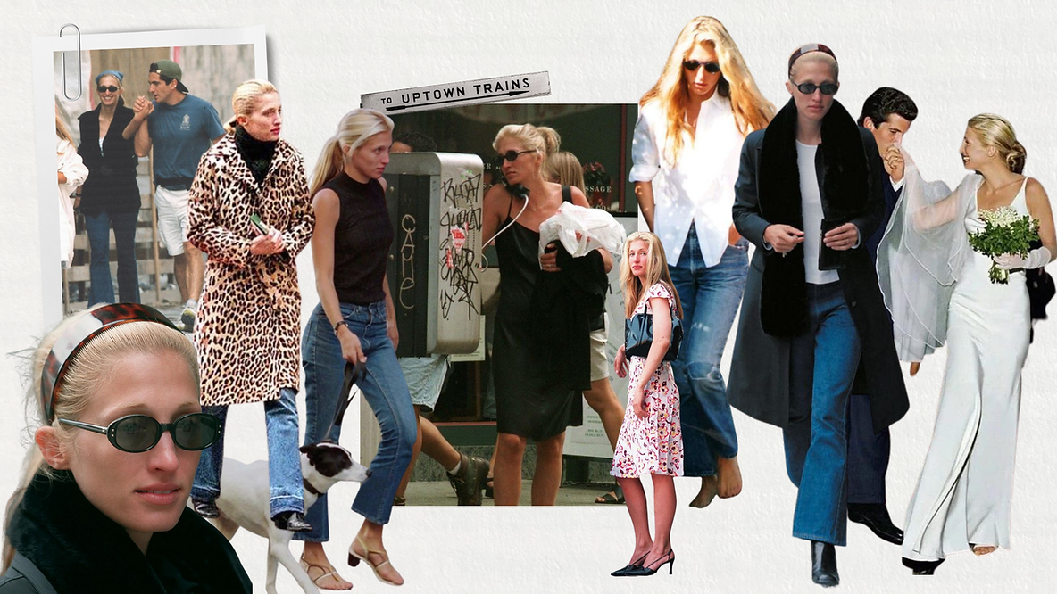 Collage editorial del estilo de Carolyn Bessette Kennedy con looks minimalistas de los años 90 en Nueva York: jeans rectos, vestidos lenceros, camisas blancas, abrigos largos y estética de lujo silencioso.