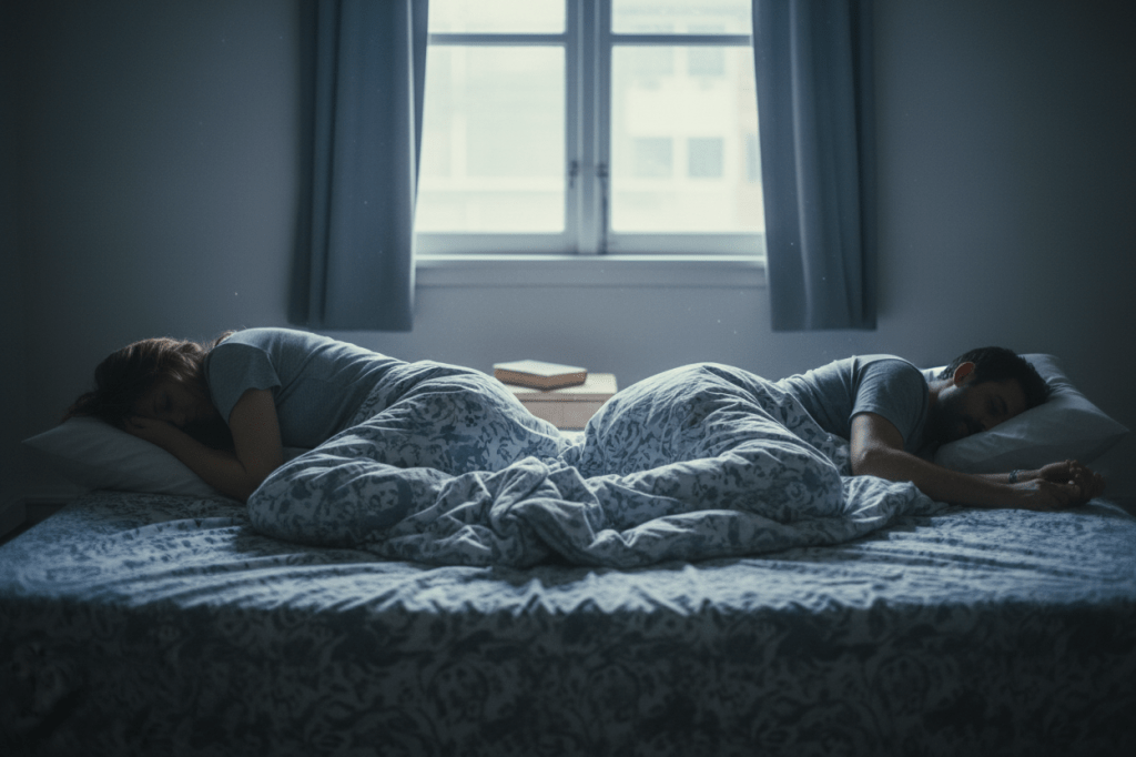 **Dos personas en la cama, espalda con espalda**
- sin verse
- sin agresividad
- solo distancia
**Keywords:***couple back to back in bed cinematic / emotional distance couple / relationship silence photo*