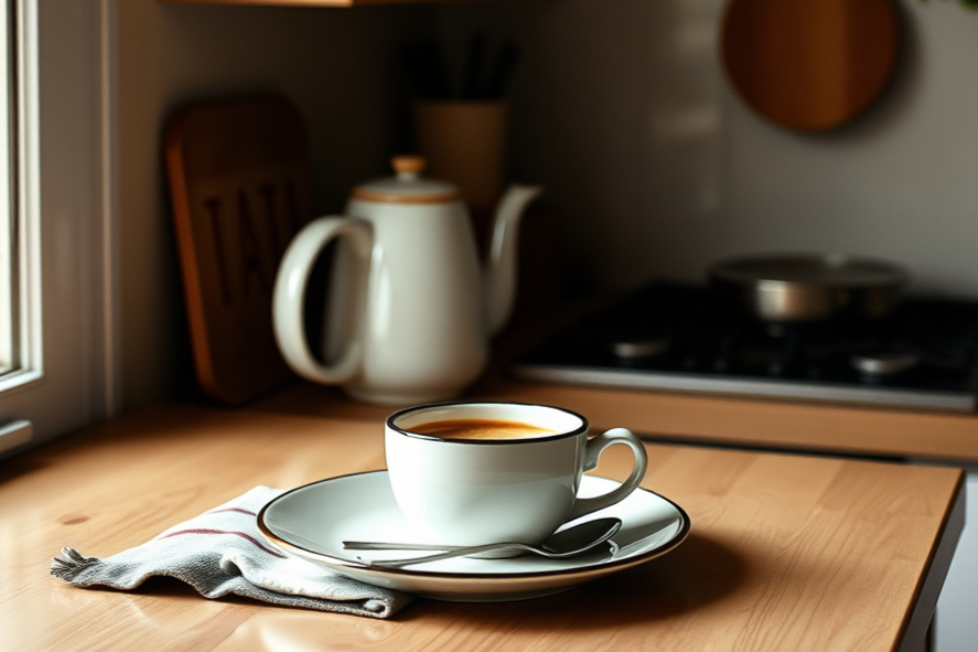 **Una cocina elegante con luz cálida, sola**
- mesa con una taza de café
- plato en el fregadero
- sensación de “vida real bonita”
**Keywords:***kitchen morning light aesthetic / cozy kitchen editorial / coffee cup on counter / quiet home vibe*
